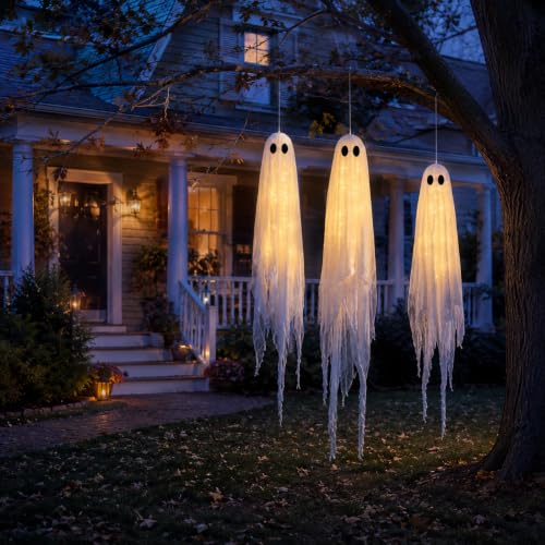 Outdoor Halloween Decorations 3 Pack Large Pre-Assembled Hanging Ghosts with Remote Timer