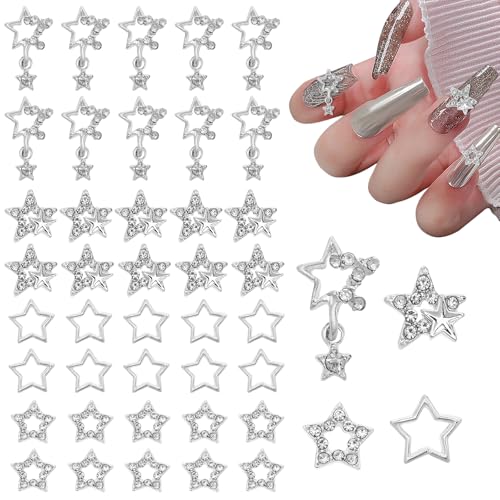 Silver 40Pcs Y2K Star Nail Charms Set with 3D Rhinestones - Multiple Styles