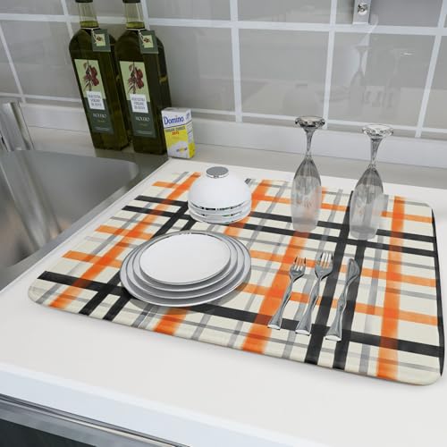 24 x 24 Inch Buffalo Plaid Dish Drying Mat - Fall Orange Black Reversible Microfiber Kitchen Decor