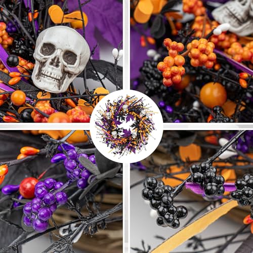 Halloween Wreath with Skull & Berries - 22 Inch Front Door Decor - Black Variation