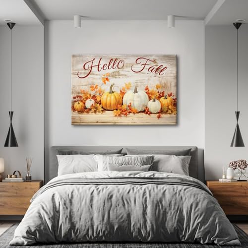 Fall Wall Art Pumpkin & Maple Leaves Canvas Decor - 48 x 32 Inches - Rustic Autumn Home Decor - Pumpkin-2 Variation