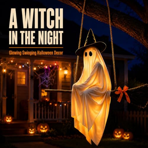 Halloween Flying Witch Ghost Decoration with Lighted Swing for Outdoor Yard & Porch