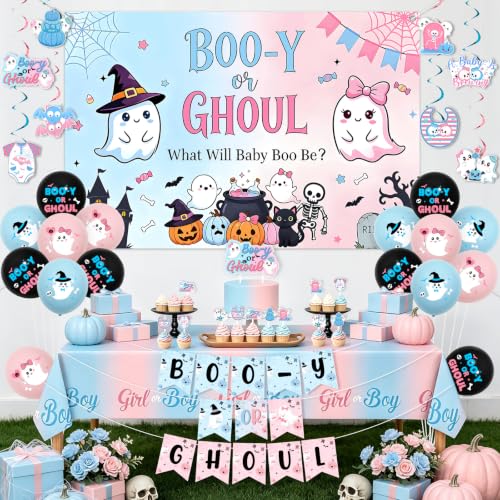 Halloween Gender Reveal Decorations Set with Backdrop Banner Swirls and Tablecloth - Pink & Blue Baby Shower Supplies