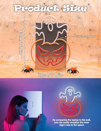 Ghost Pumpkin Halloween Neon Window Lights - Indoor Wall Decor, LED Sign, Party Decoration