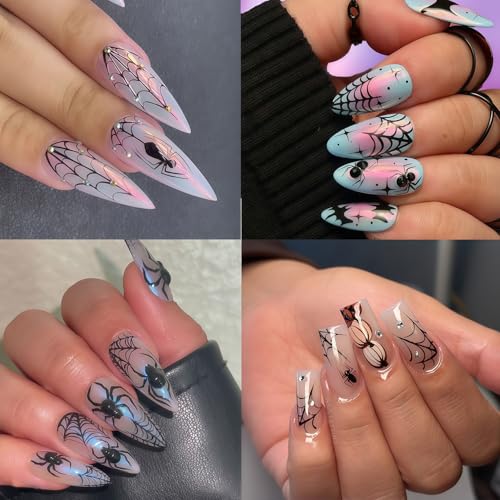 Cute Halloween Spider Nail Art Stickers 8 Sheets Self-Adhesive Black & White Spider Web Decals for Manicure DIY