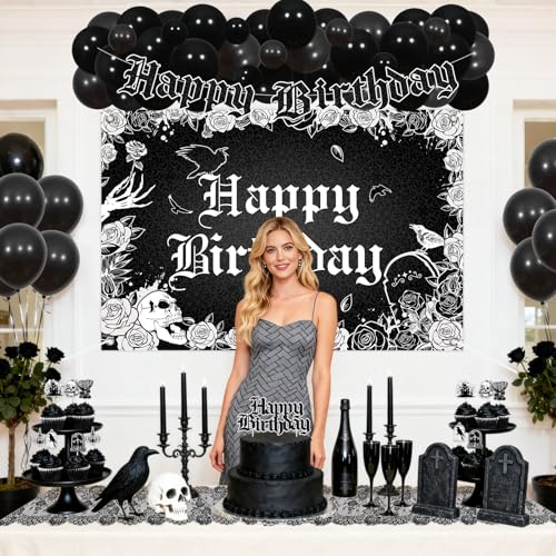 Gothic Birthday Party Decorations Set - Skull Skeleton Backdrop Banner Cake Toppers