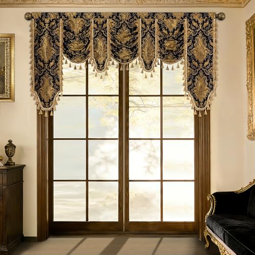 Black Gold Damask Waterfall Valance Curtains - 79W x 41L, Pack of 1