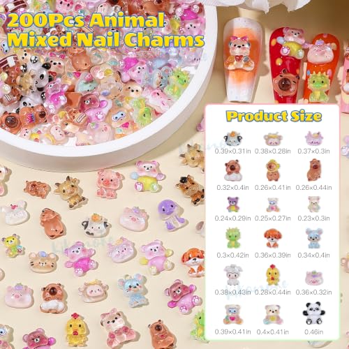200PCS Cute Animal Nail Charms Set - 3D Resin Decorations for Nails Art - Variation of Animals