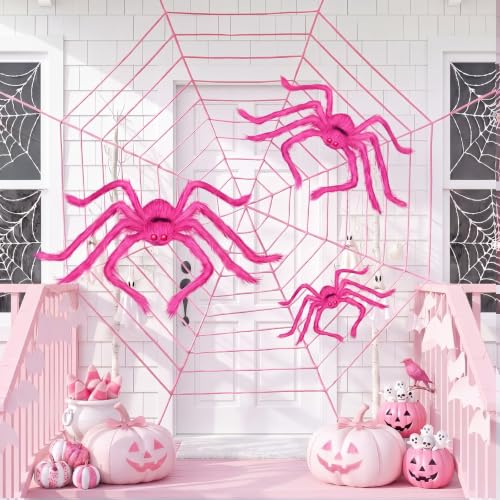 Pink Halloween Outdoor Decor Set with 3 Plush Spiders and 12ft Web