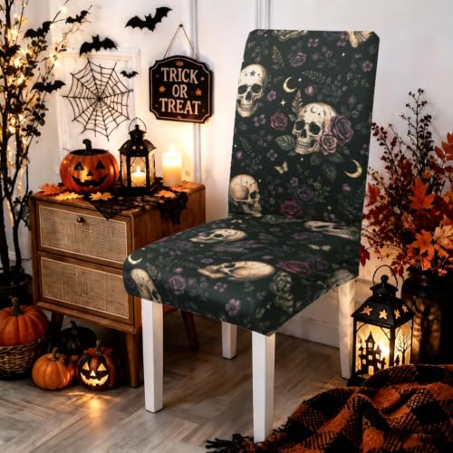 Halloween Skull Chair Covers Set of 6 - Gothic Floral Dining Protectors for Holiday Decor