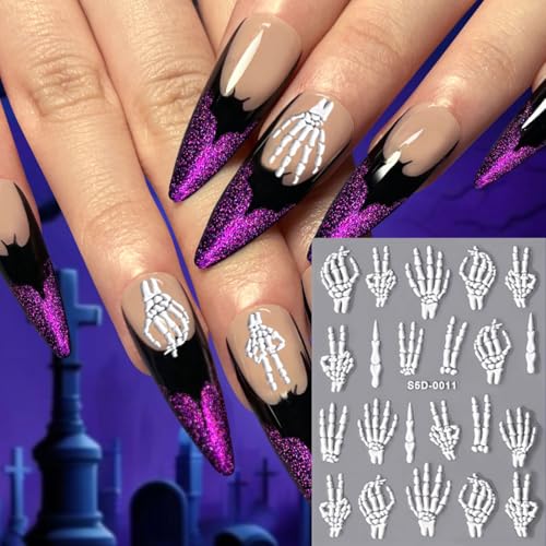 Halloween Skeleton Nail Stickers - 6 Sheets 5D Embossed Skull Decals for Manicure