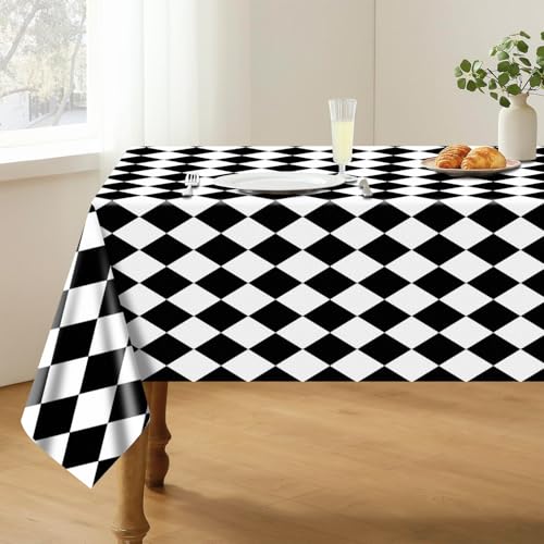86x51 Inch Black and White Checkered Plastic Tablecloth - Racing & Halloween Theme - 4 Pack