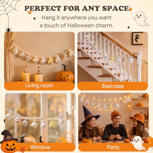 7 ft Halloween Ghost Banner Garland with Fabric Ghosts & Wooden Beads - Festive Home Decor