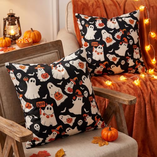 Halloween Ghost Pillow Covers - 20x20 Pack of 2, Playful Black Ghost Decor