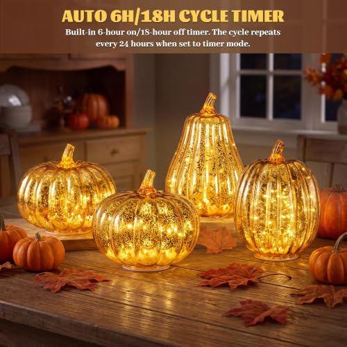 Set of 4 Glass Pumpkin Lights for Fall Halloween Decoration - Autumn Decor