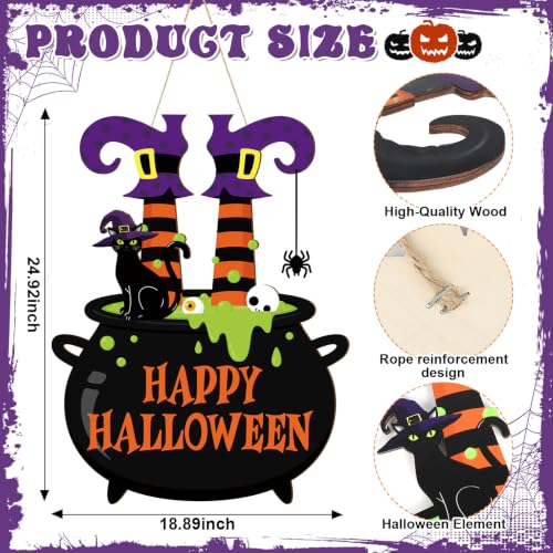 Large Black Halloween Wooden Door Wreath - Happy Halloween Sign for Front Door & Wall Decor
