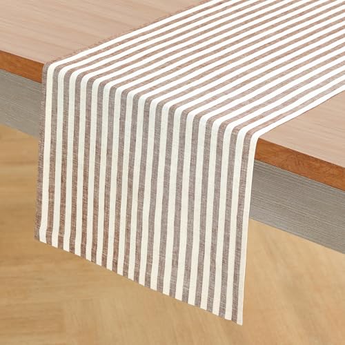 Linen Table Runner 14x60 Inch - Brown & Cream Striped, Handcrafted European Flax