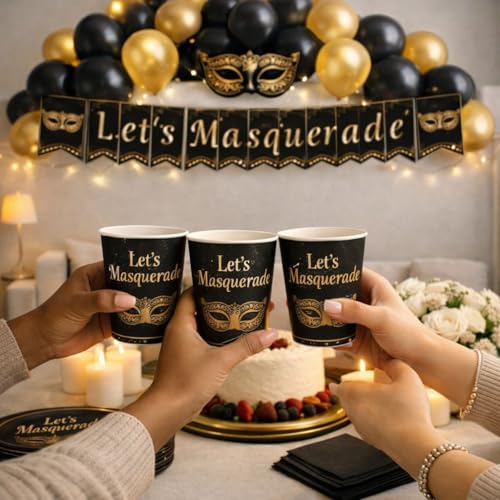 Masquerade Party Decorations Set - Black & Gold Party Supplies for Elegant Events