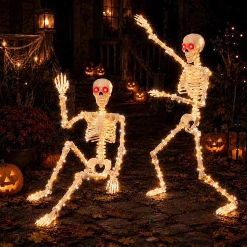 Halloween Lighted Skeleton Decoration with White LED Light and Red Eyes - 2PCS