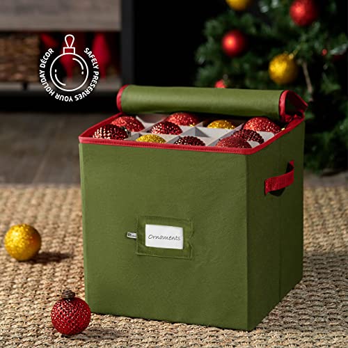 Christmas Ornament Storage Box - Holds 64 Three-Inch Ornaments with Dividers, Durable Organizer, Green