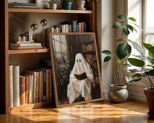 Halloween Ghost Wall Art - Framed Reading Book Canvas, Gothic Moody Library Scene, 24x16 Inches - Variation: Library Ghost