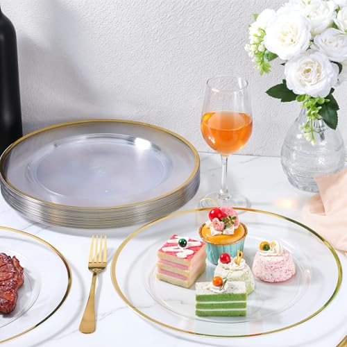 25 Pack 12-Inch Gold Trim Clear Plastic Charger Plates for Events and Weddings