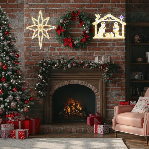 Christmas Window Silhouette Lights - Bethlehem Star & Nativity 16-inch Decorations - UL Certified LED