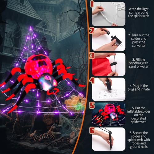 8 FT Giant Inflatable Halloween Spider with Red Web Lights - Outdoor Yard Decor