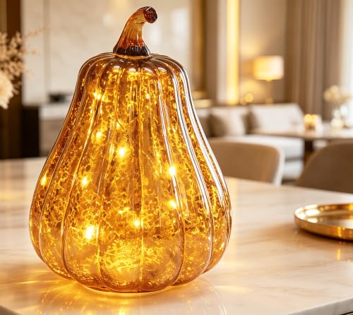 Mercury Glass Pumpkin Lights with Timer - Fall Home Decor - Coffee