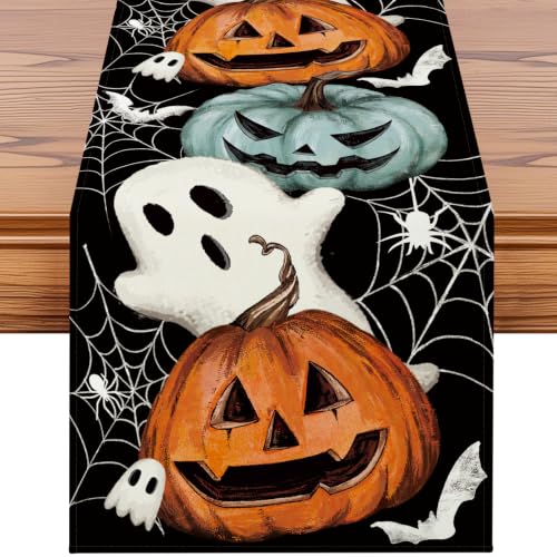 Ghost Halloween Table Runner 13x36 Inch - Spooky Pumpkin & Spider Web Design - Ghost Variation