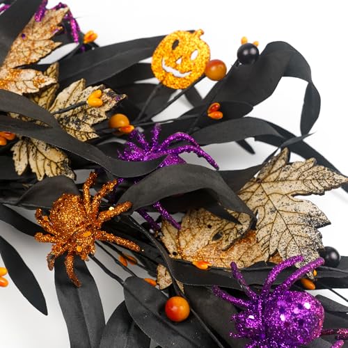 Black 20 Inch Halloween Wreath with Fall Leaves Pumpkins & Spider - Indoor Outdoor Decor