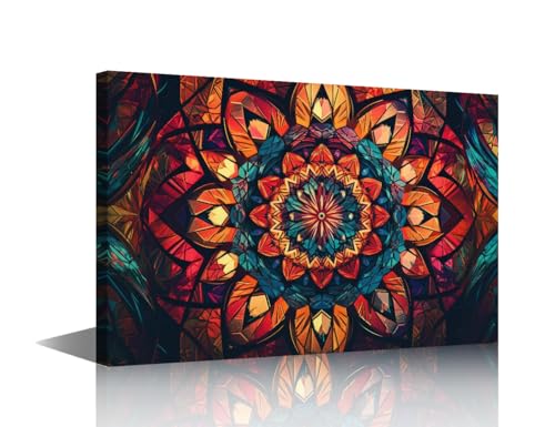 Canvas Wall Art - Mandala Stained Glass Window Design - 24x16 in - Framed Home Decor - Variation-02