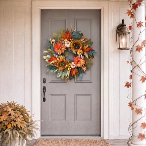 Orange Fall Wreath for Front Door 24 Inch Autumn Door Decor Handmade Seasonal