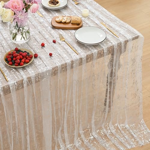 60x60 Inch White Silver Gauze Tablecloth with Silver Star Sequin for Wedding & Party - Sheer Tulle