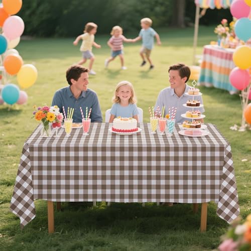 4 Pack Disposable Gingham Tablecloths - Brown & White Checkered 54x108 Inches for Parties