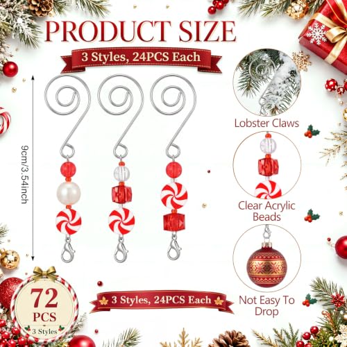 Christmas Ornament Hooks Set - Silver, Red, White Bead Acrylic Wire Hangers - 72 Pieces