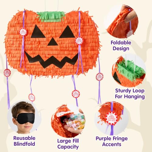 Pumpkin Piñata Set - 3pcs Halloween Candy Holder & Party Game Supplies