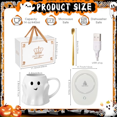 White Ghost Mug with Electric Coffee Warmer Set - 14oz, Halloween Desk Accessory