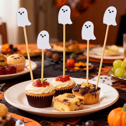 Halloween Ghost Cocktail Picks - 100 Natural Bamboo Toothpicks for Appetizers & Decorations