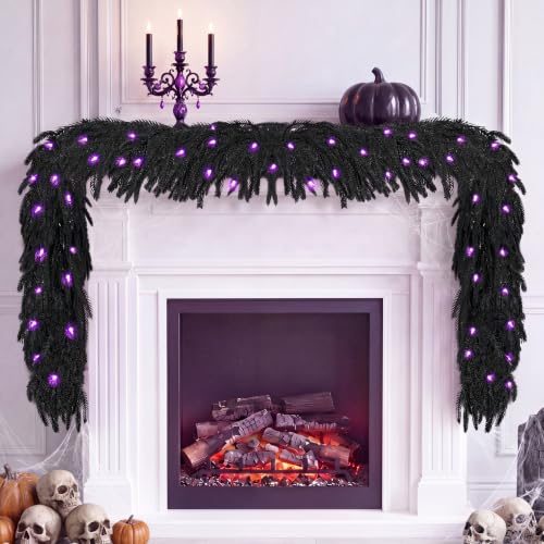 Pre-Lit Halloween Garland 6ft Black Norfolk Pine with Purple LED Lights