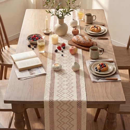 Pink Stripe Diamond Woven Table Runner 12x72 Inch - Durable Home Decor