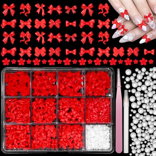 Red Bow Nail Charms Kit - 3D Bow Tie Flowers & Pearls for Acrylic Nails DIY