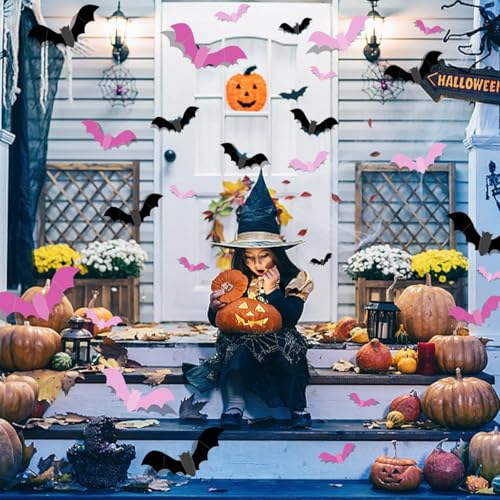 Halloween 3D Bat Wall Decal - Removable Sticker Set with Pink & Black Variations