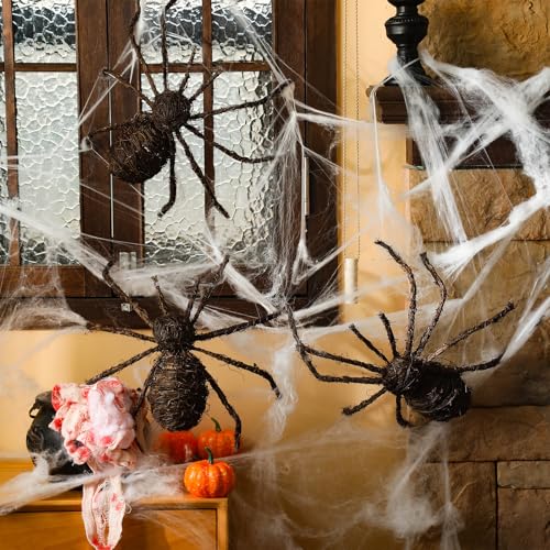Large Halloween Rattan Spider Decorations Set - Natural Wicker, 3 Pack