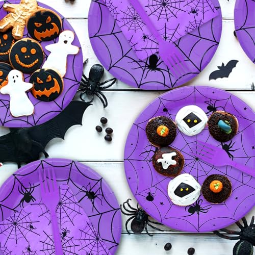 Purple Halloween Spider Web Disposable Dinnerware Set for 24 Guests