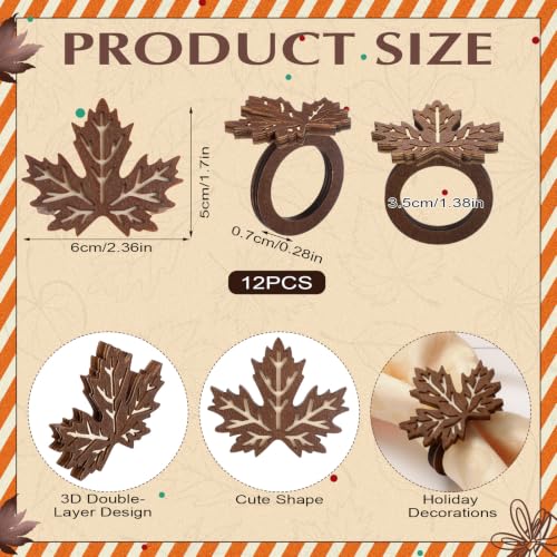 12 Pcs Wooden Fall Napkin Rings with Maple Leaf Design - Thanksgiving Table Decor