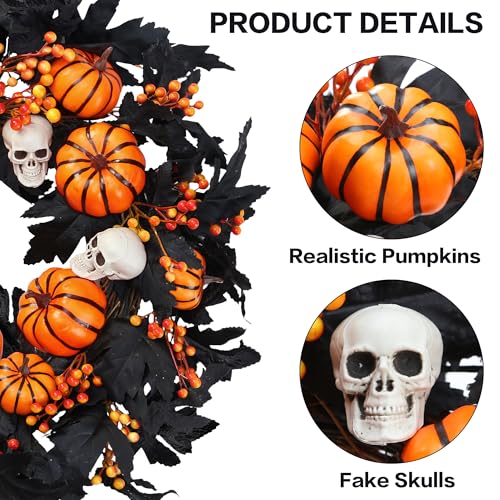 New Fall Halloween Wreath with Artificial Pumpkin & Skull - 20 Inch Front Door Decor