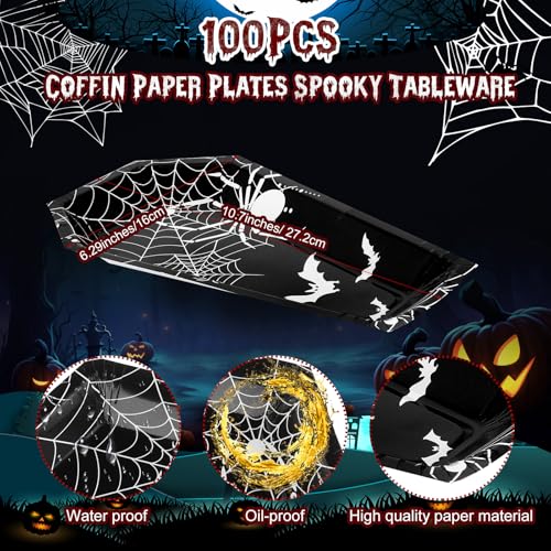 Halloween Coffin Paper Plates Party Tableware - Spider Style, 100 Pcs