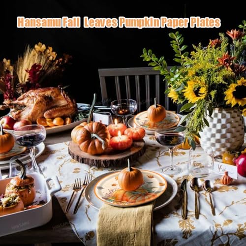 Fall Harvest Pumpkin & Maple Leaf Disposable Paper Plates - 16 Pack, 7 Inch Thanksgiving Party Dinnerware