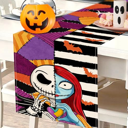 Halloween Jack Table Runner - Black White Stripes Patch Bat, 13 x 72 Inches